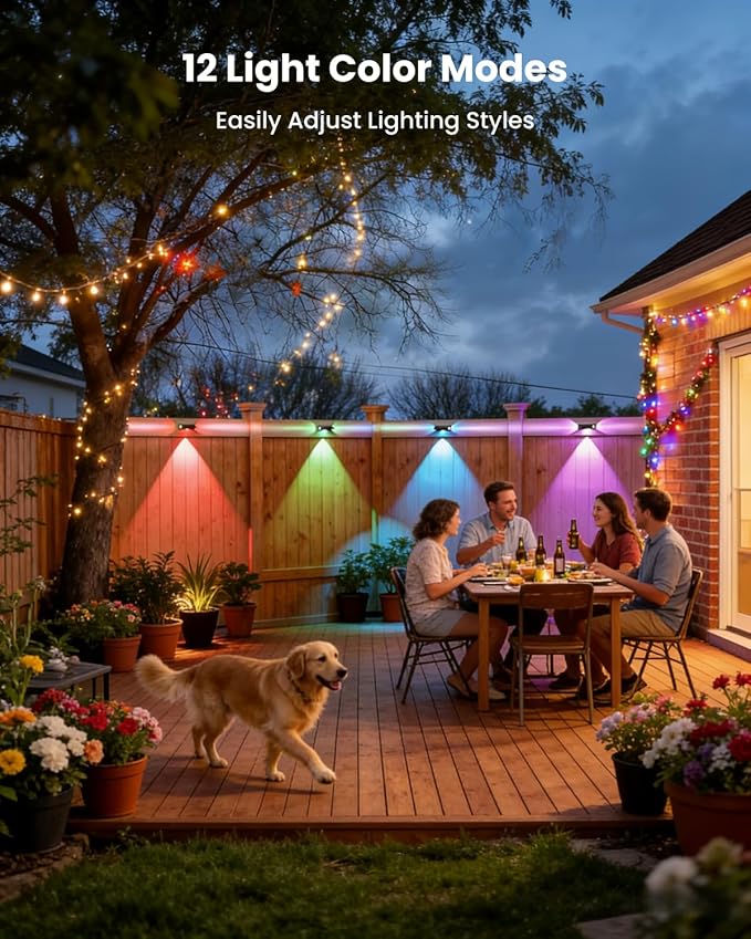 BUNEE Waterproof Solar Fence Lights Outdoor 8 Pack 12 RGB Color Changing Mode Decorative LED 3-Sided Solar Powered Landscape Wall Lighting, Decor for Outside Patio Step Backyard Deck Railing Pool