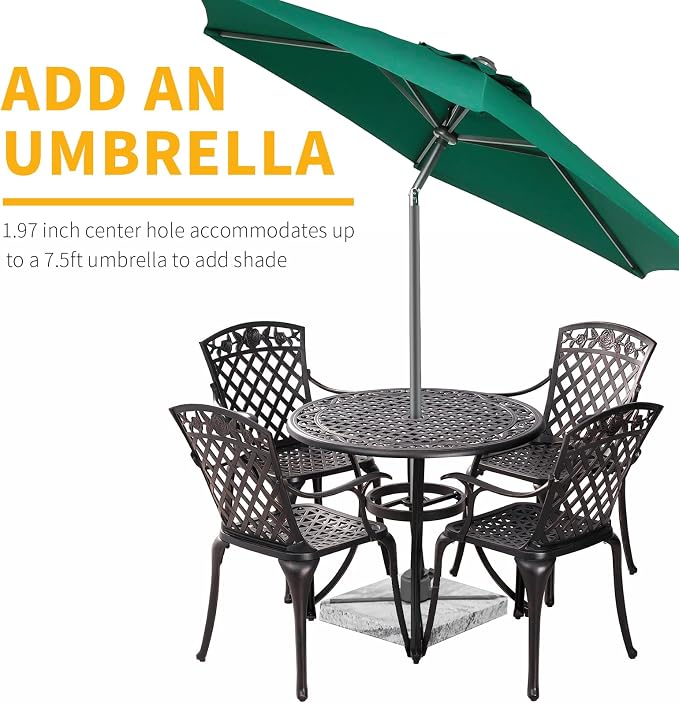 5 Pieces Outdoor Patio Dining Set, 36" Metal Outdoor Dining Set with 1.97" Umbrella Hole, Anti Rust Patio Furniture Set with 4 Chairs and Round Table for Garden, Porch and Poolside, Bronze