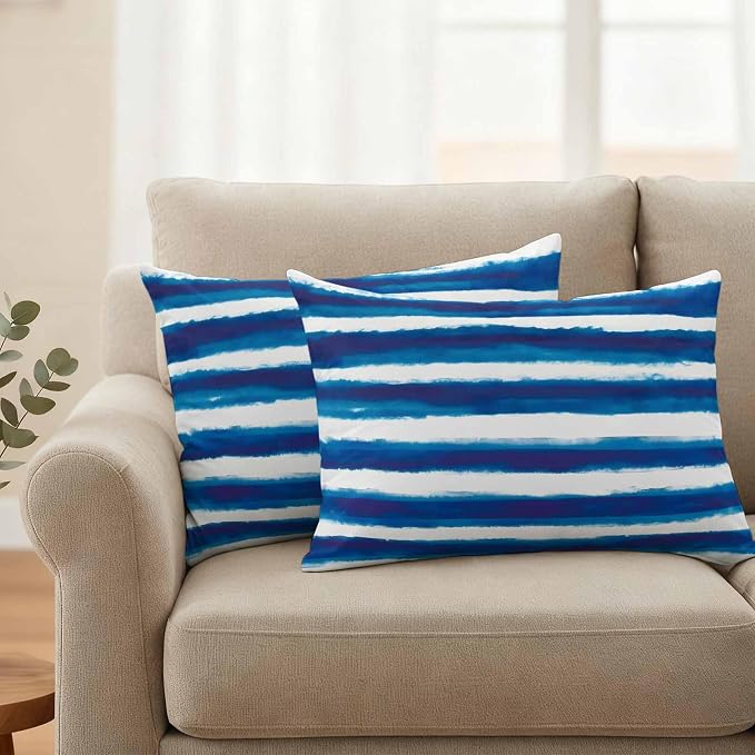 Blue Stripe Waterproof Outdoor Pillow Covers Set of 2 Home Decor, Ocean Beach Watercolor White Geometric Pillowcase Patio Pillow Covers for Couch Bench Furniture Garden 20x12in