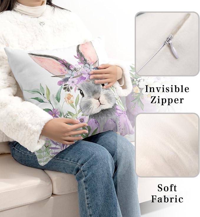 Pack of 2 Easter Pillow Covers 22x22 Floral Eggs Bunny Throw Pillow Covers Cross He is Risen Pillow Cases Purple Cushion Cases Easter Decorations for Home Couch Sofa Farmhouse