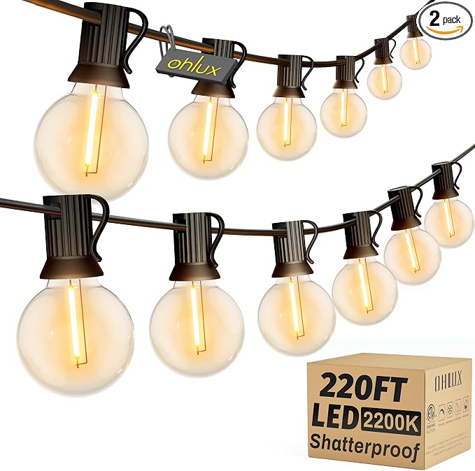 OHLUX Outdoor String Lights 220 Feet Patio Lights with 104 Edison LED G40 Globe Bulbs(4 Spares), 2200K Waterproof Connectable Edison Hanging Lighting for Backyard Balcony Outside Gazebo Party