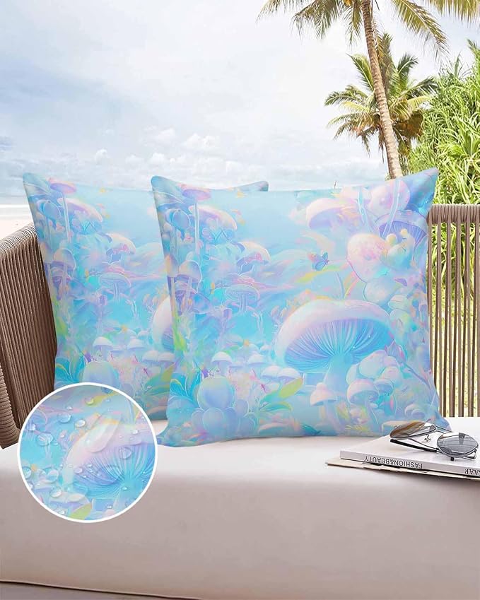 Outdoor Waterproof Throw Pillow Covers 24x24in, Soft Rainbow Colors Cushions for Garden Patio Furniture Chairs Set of 2, Abstract Mushroom Home Decor Couch Sofa Polyester Pillow Cases