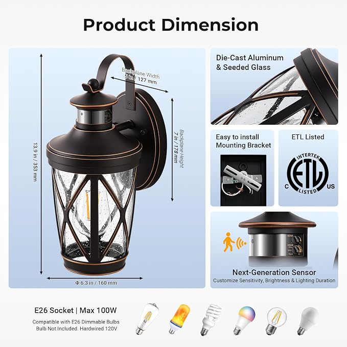 VIANIS Motion Sensor Outdoor Porch Lights Wall Mount, 2-Pack Modern Dusk to Dawn Exterior Lighting Fixtures, Oil Rubbed Bronze Gold Trim Wall Lanterns for Garage, Waterproof Coach Lights for House