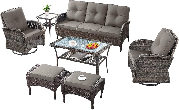 7 Pieces Outdoor Patio Furniture-Swivel Patio Chairs Set of 2 Outdoor Wicker Rattan Sofa Couch with Ottoman Outdoor Conversation Set for Deck Porch Garden Balcony Poolside-Brown/Grey