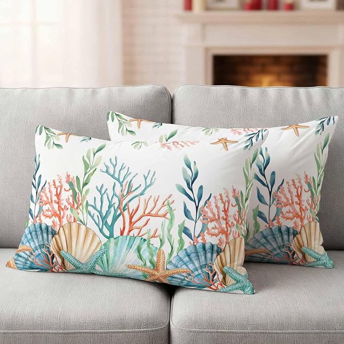 Lumbar Pillow Covers 20x12 Inch Set of 2, Marine Life Waterproof Outdoor Pillow Covers, Nautical Underwater Coral Shell Starfish Watercolor Decorative Cushion Pillowcases for Couch, Sofa, Bed, Patio