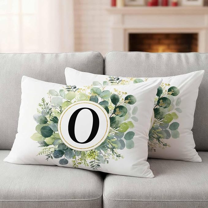 Letter O Waterproof Outdoor Pillow Covers Set of 2 Home Decor, Alphabet Green Eucalyptus Leaves Lumbar Pillowcase Patio Pillow Covers for Couch Bench Patio Furniture Garden 20x12in