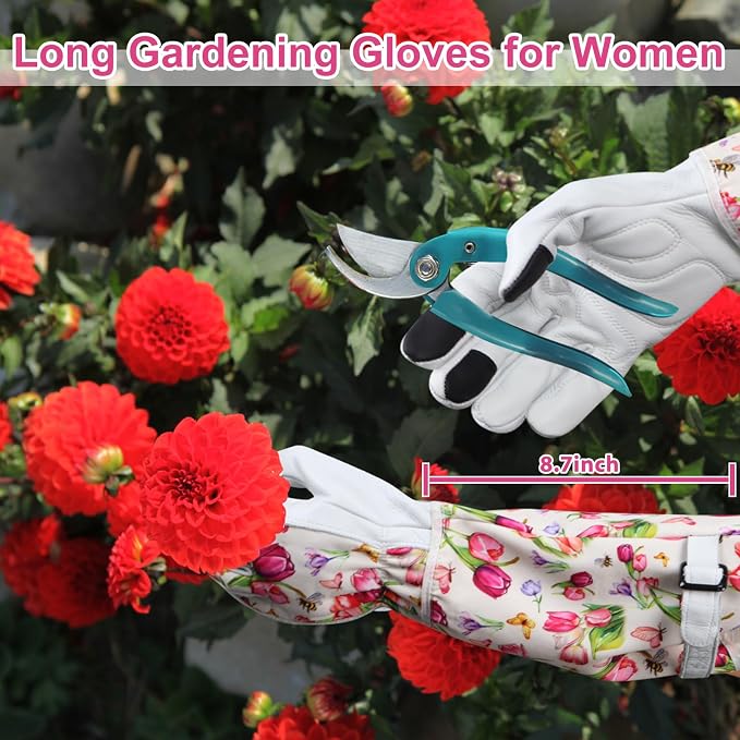 DLY Garden Gloves for Women,Gardening Gloves,Garden Gift for Lady,White,XL | Thornproof Cowhide Palm, Foam-Padded Grip, Long Tulip Print Cuff, 3-Finger Touchscreen, Rose Pruning, Gardening & Yard Work