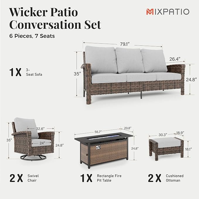 MIXPATIO 6-Piece Wicker Patio Furniture Set with Swivel Chairs, High Back Outdoor Furniture with Fire Pit Table and Ottoman, All-Weather Wicker Patio Conversation Set for Deck Yard Pool, Grey