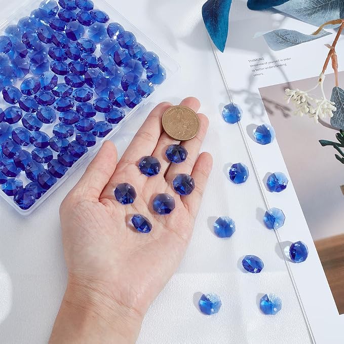 120Pcs 14mm Octagonal Crystal Beads Suncatcher Glass Beads with 2 Hole Dodger Blue Chandelier Replacement Connector Faceted Prism Spacers for DIY Lamp Hanging Ornament Pendant Jewelry Decor