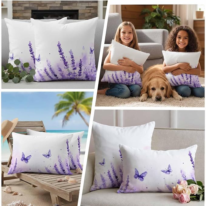 Spring Purple Lavender Outdoor Waterproof Throw Pillow Covers Set of 2, 24"x24", Country Watercolor Purple Floral Butterfly Decorative Pillow Covers Outside Cushion Case for Patio Porch Garden