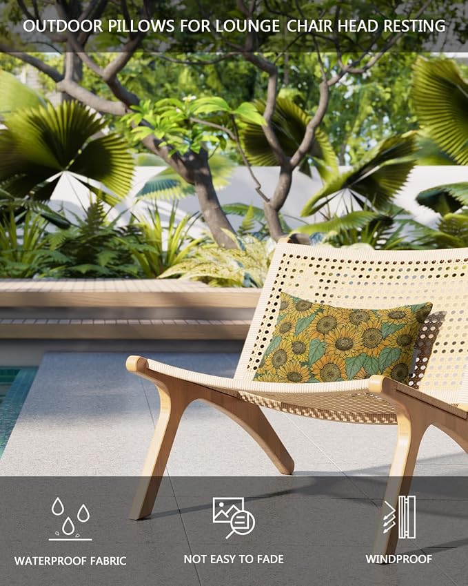 Outdoor Pillows Covers with Inserts Sunflower Rustic Flower Fall Waterproof Recliner Pillow with Adjustable Strap Throw Pillows for Patio Furniture Pool Lounge Chair, 11x16 inch, 2PCS