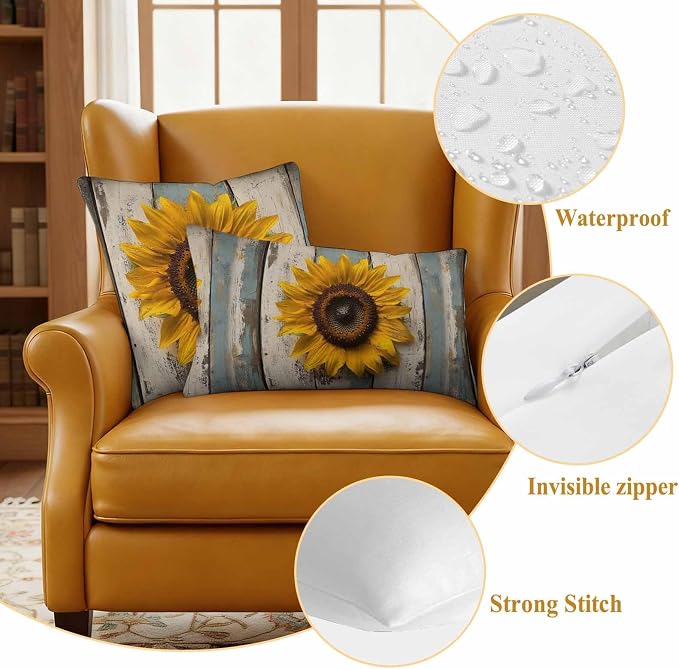 Vintage Sunflower Waterproof Outdoor Pillow Covers Set of 2 Home Decor, Farmhouse Wooden Botanical Floral Pillowcase Patio Pillow Covers for Couch Bench Furniture Garden 24x24in