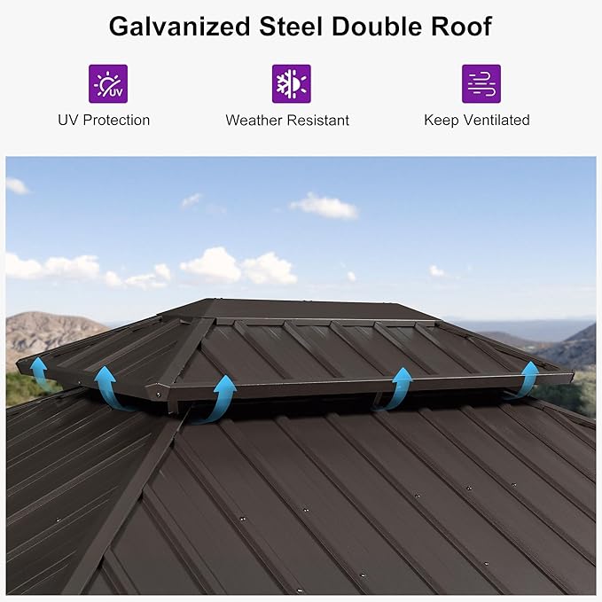 PURPLE LEAF 8’ X 10' Hardtop Gazebo Outdoor Gazebos Metal Frame Galvanized Steel Double Roof with Curtains and Nettings for Patio Desk Backyard Bronze
