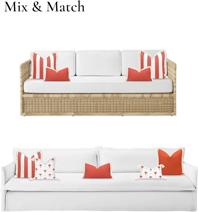 Hofdeco Premium Fall Coastal Patio Indoor Outdoor Lumbar Pillow Cover Only, 12"x20" Water Repellent for Backyard, Couch, Solid Rust Orange Fringe