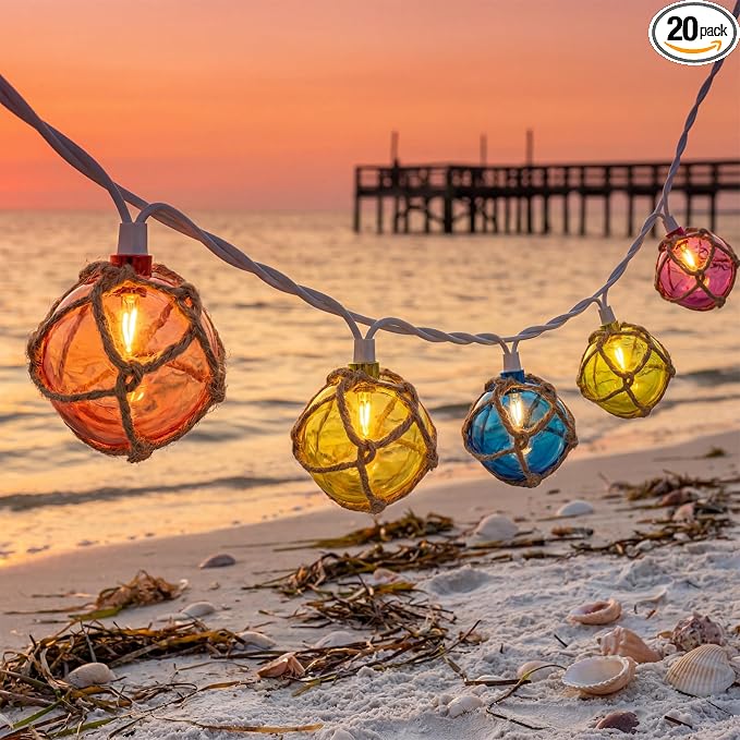 Nautical String Lights Plug in, 12FT 20 LED Tiki Bar Lights with Fishing Float Buoy, UL Certified Waterproof Patio Lights for Beach Party, Coastal Camping Home Indoor Outdoor Summer Decor