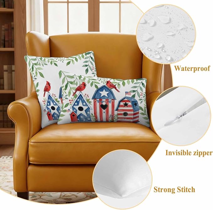 American Flag Bird House Outdoor Pillow Covers Waterproof, All Weather Cushion Case Set of 2, Green Eucalyptus Leaves 250th Decorative Pillowcases for Sofa Couch Bed Decor Patio Furniture 16"x16"