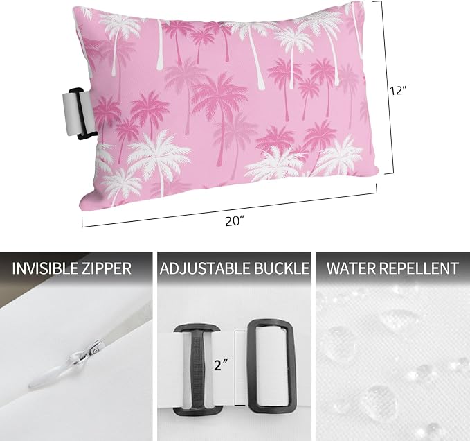 Tropical Palm Tree Outdoor Pillows for Chaise Lounge Chair Beach Headrest Pillow Set of 2 Waterproof Lumbar Pillows with Insert&Strap Magenta Pink Plants Coastal Leaf Beach Pool Pillow 12"x20"