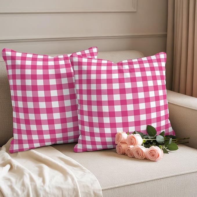 Hot Pink Checks Outdoor Pillow Covers 26"x26" Set of 2, Gingham Plaid Abstract Modern Minimalist Waterproof Throw Pillow Covers for Patio Furniture, Decorative Cushion Covers for Porch