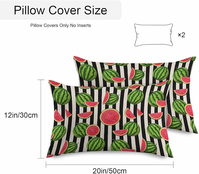 Vandarllin Outdoor Throw Pillows Covers 20x12 inch Set of 2 Waterproof Watermelon Decorative Zippered Cushion Covers for Patio Furniture, Summer Fruit Black Stripes Lumbar Pillowcases
