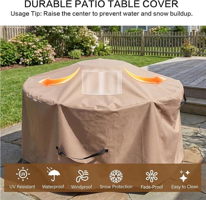 Haige Round Patio Furniture Cover 54" Dia x 28" H, Waterproof 600D Outdoor Table Covers Round, Heavy Duty Patio Table and Chair Cover, Windproof with Buckles & Air Vents, Brown