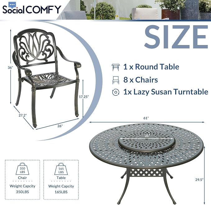 9-Piece Patio Cast Aluminum Dining Set, 8 Person Outdoor Dining Furniture Set, Includes 8 Chairs and 61" Large Round Dining Table with 31" Lazy Susan, Umbrella Hole for Lawn Deck Garden