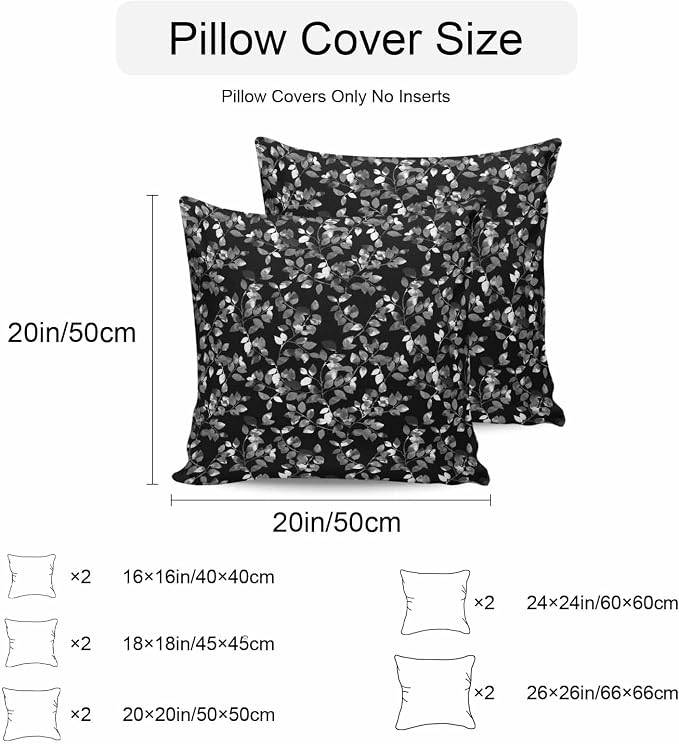 Black Botanical Outdoor Pillow Covers 26x26 Inch Throw Pillow Covers Set of 2 Waterproof Decorative Pillow Cases Pastoral Spring Floral Classic Black Cushion Covers for Patio Furniture Garden Couch