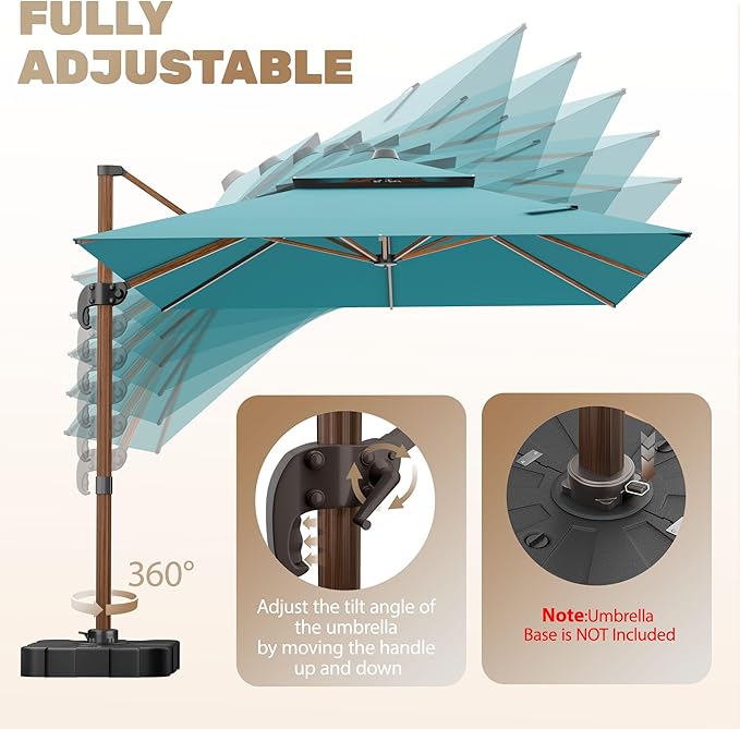 10x13FT Cantilever Outdoor Patio Umbrellas with Base, Double Top Wood Pattern Rectangle Umbrella, Heavy Duty 360°Rotation Offset Umbrella for Garden Deck Pool Patio, Turquoise