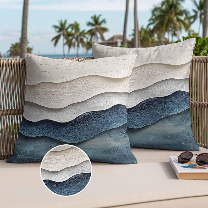 Abstract Waves Beach Art Outdoor Waterproof Throw Pillow Covers Set of 2, 20"x20", Blue Beige Oil Painting Style Decorative Pillow Covers Outside Cushion Case for Patio Porch Garden