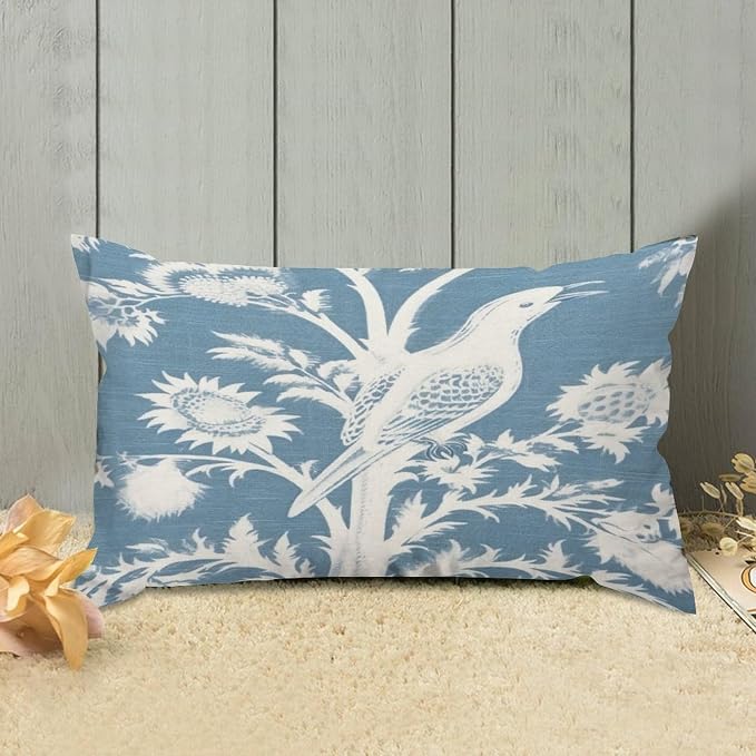 Set of 2 Blue Turquoise and White Birds Plant Pillow Covers 12x20in Farmhouse Canvas Cushion Covers Outdoor for Couch Chair Home Decor for Family Friends