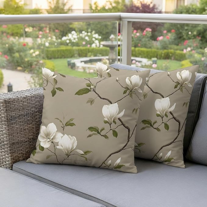 Vintage Floral Outdoor Pillow Covers 20"x20" Set of 2, Magnolia Flowers Branches Rustic Botanical Brown Waterproof Throw Pillow Covers for Patio Furniture, Decorative Cushion Covers for Porch