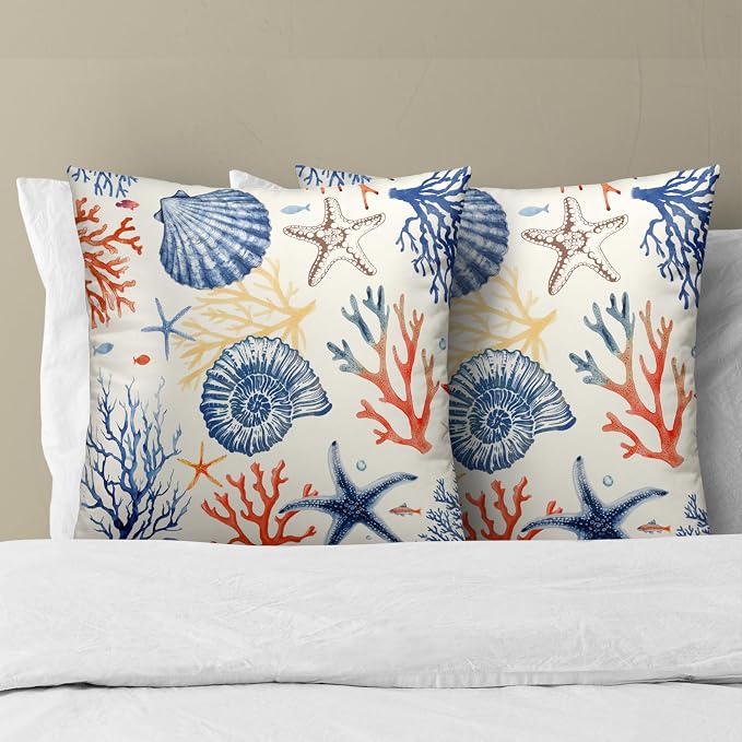 Nautical Coastal Throw Pillow Covers 18x18 Set of 2, Summer Ocean Beach Coral Decorative Pillow Cases Cotton Cushion Cover for Home Sofa Couch Wedding Anniversary Decor