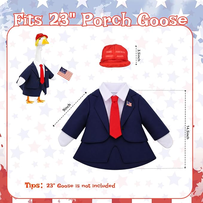 Porch Goose Outfit with Wig Hat for 23 Inch Goose Statue,Outdoor Yard Decor | USA Flag 250th Anniversary Design, Patriotic Porch Goose Clothes with Hat Wig Pin, Outdoor Yard Lawn Patio Holiday Decor