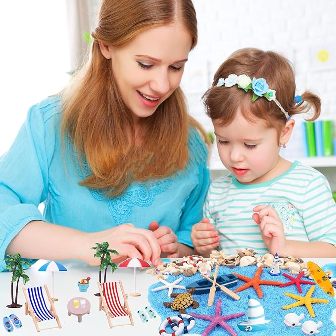 31 Pcs Beach Miniature Dollhouse Decoration, Umbrella Palm Chair Miniature Toys Garden Dollhouse Outdoor Accessories Beach Decorations Mini Beach Chair for DIY Garden Plant Pool