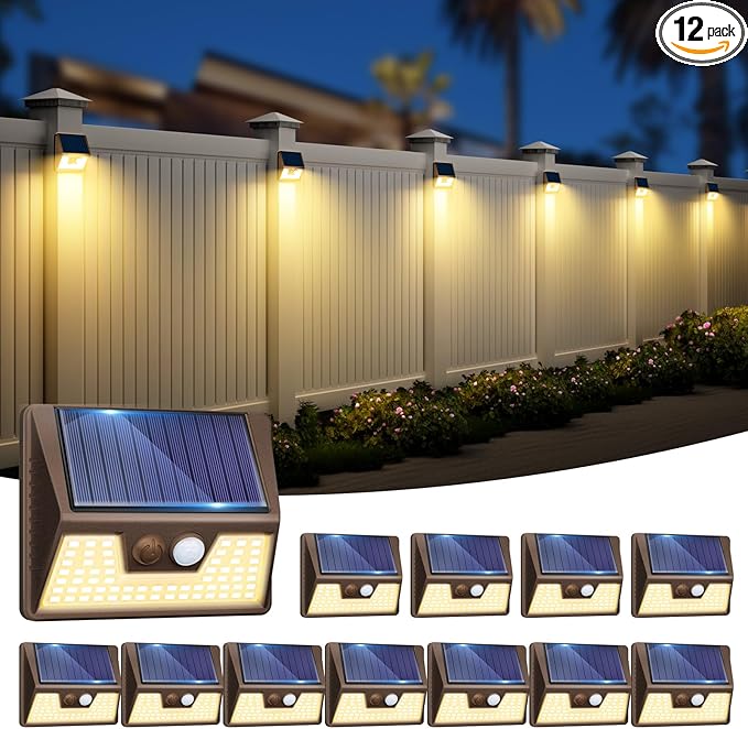 vighep 12 Pack Solar Motion Lights for Outside, Waterproof Fence Lights Outdoor, Warm White LED Wall Lights Wireless for Yard Steps Stairs Garden - Brown