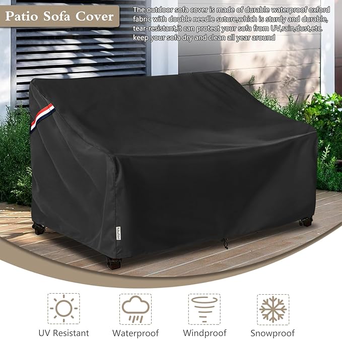 Outdoor Couch Cover Waterproof Heavy Duty Patio Furniture Covers, 60W x 35D x 35H Inches 2 Seater Outdoor Sofa Cover (Black)