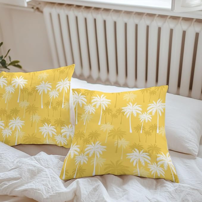 Throw Pillow Covers 20x20 Inch Set of 2, Tropical Palm Tree Waterproof Outdoor Pillow Covers, Yellow White Plants Coastal Leaf Beach Decorative Cushion Pillowcases for Couch, Sofa, Bed, Garden, Patio