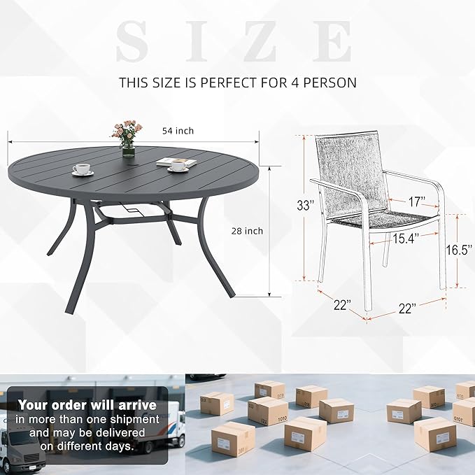 Anmutig 7 Piece Metal Round Patio Table and Chair Set with Umbrella Hole, 54" Table and 6 Grey Stackable Chairs