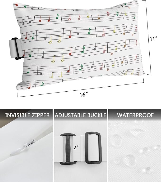 Outdoor Pillows Covers with Inserts Pentatonic Music Notation White Minimalism Waterproof Recliner Pillow with Adjustable Strap Throw Pillows for Patio Furniture Pool Lounge Chair, 11x16 inch, 1PCS