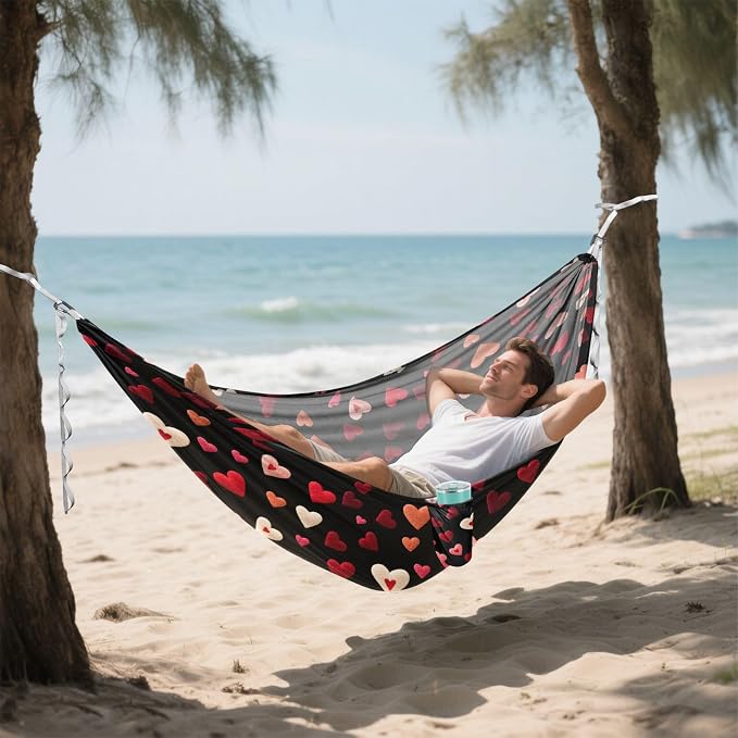 Camping Hammock Outdoor Hammocks for Outside Embroidery Hearts Beach Trees Portable Lightweight with Pockets Tree Straps Indoor