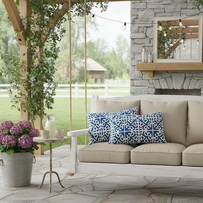 Set of 2 Outdoor Throw Pillows 19 x 12 Inch – Reversible Rectangle Patio Accent Pillows – Weather-Resistant Polyester Fabric – Eco-Friendly Recycled Polyfiber Fill – Indigo Lattice
