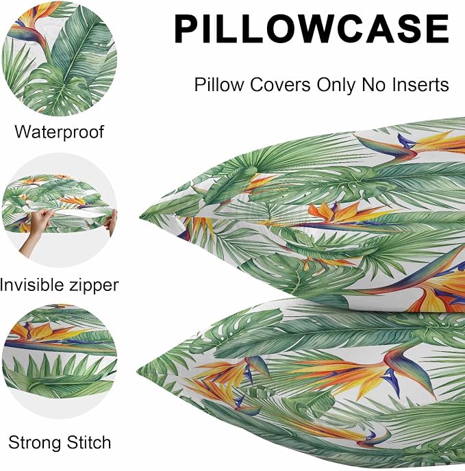 Tropical Plants Outdoor Pillow Covers 18x18 Inch Throw Pillow Covers Set of 2 Waterproof Decorative Pillow Cases Summer Palm Leaves Monstera Green Cushion Covers for Patio Furniture Garden Couch Sofa