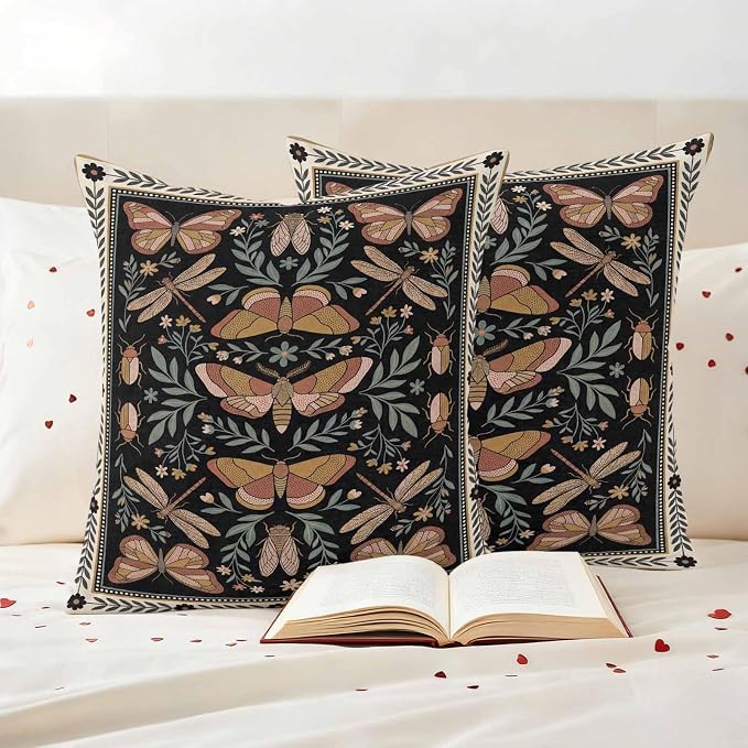 Vintage Butterfly Outdoor Waterproof Pillows Cover Pack of 2 Butterfly Moth Dragonfly Spring Decorative Pillowcases with Zipper Cushion Case for Patio Tent Couch Garden 24 x 24 Inches