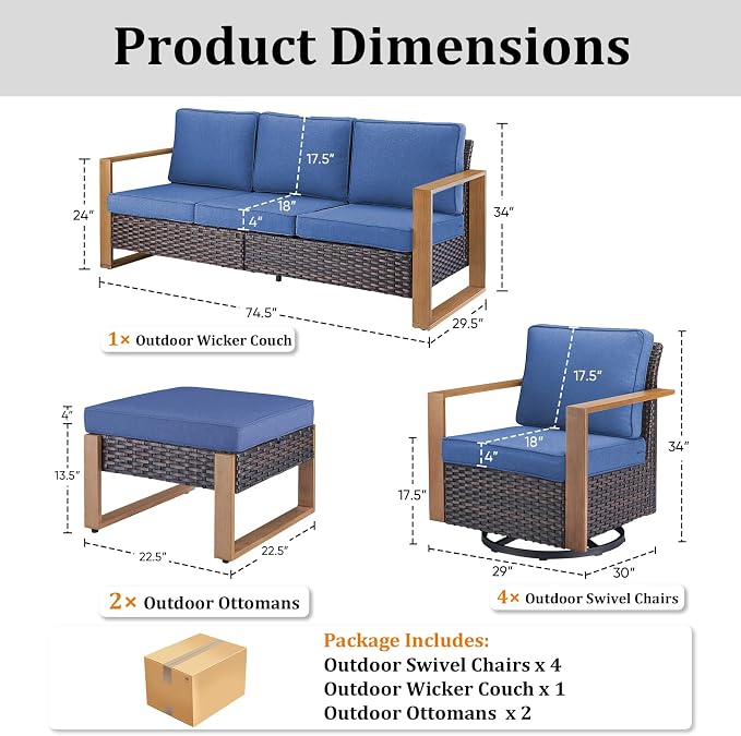 7-Piece Outdoor Patio Furniture Set with 4 Swivel Chairs, All-Weather Wicker Sofa Set for Garden, Yard, Porch and Poolside Seating Blue