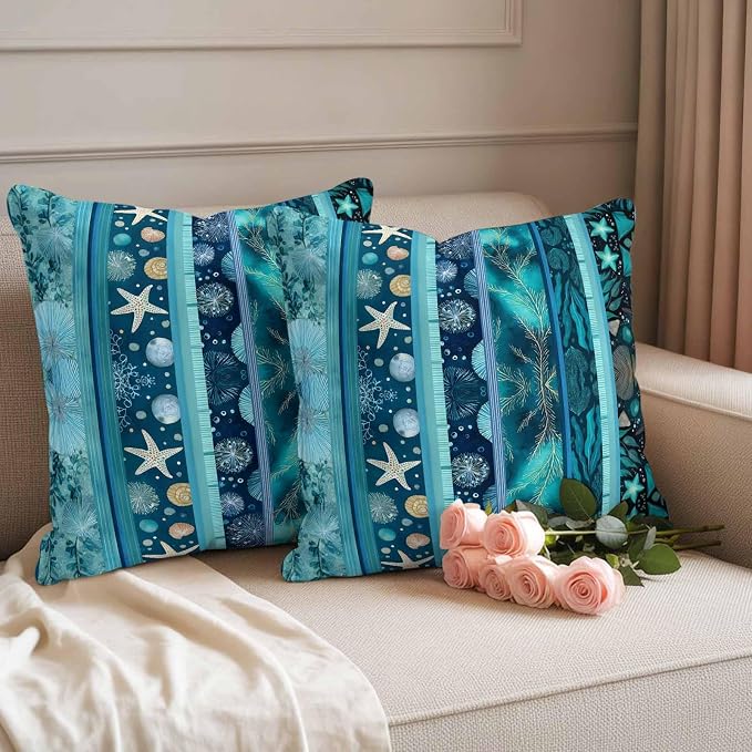 Turquoise Ocean Outdoor Waterproof Throw Pillow Covers Set of 2, 18"x18", Blue Stripes Starfish Coral Seaweed Luxury Decorative Pillow Covers Outside Cushion Case for Patio Porch Garden