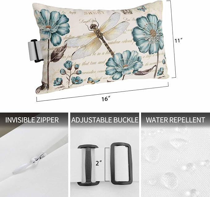 Outdoor Lumbar Pillow Set of 1, Dragonfly Flowers Waterproof Beach Headrest Pillow with Inserts, Vintage Botanical Teal Floral Leaf Beige Recliner Throw Pillows for Patio Furniture, 11 x 16