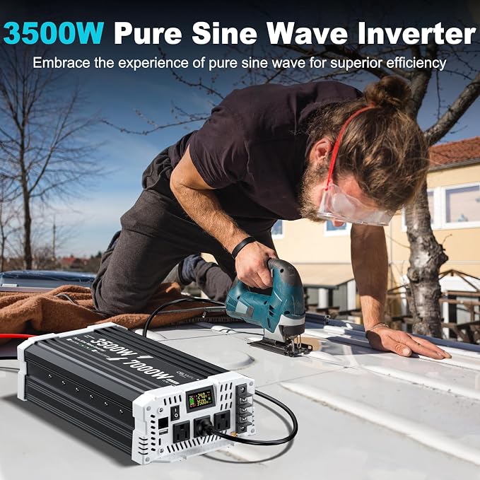3500 watt Pure sine Wave Inverter, 24V DC to 110V AC Power Inverter, Used for Solar Emergency Power Supply in RV Homes, with 3 AC Output sockets, USB Port, Type-C Port, Remote Control with LCD Screen