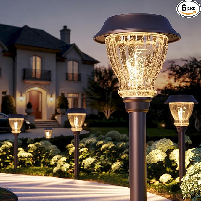 XMCOSY+ Solar Pathway Lights Outdoor, 6 Pack Auto On/Off Garden Lights with Crackled Glass, Integrated Vintage LED Weather-Resistant Stainless Steel Landscape Lighting for Yard Walkway (Warm White)