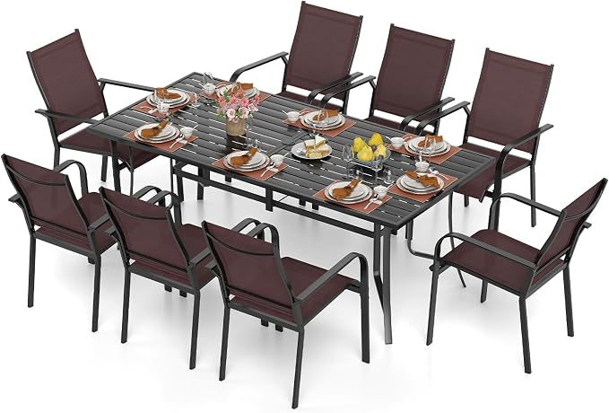 Tangkula 9 Pieces Patio Dining Set for 8, Outdoor Rectangular Table and Stackable Chairs with Umbrella Hole, Outside Furniture Set for Backyard, Garden and Deck (Brown)