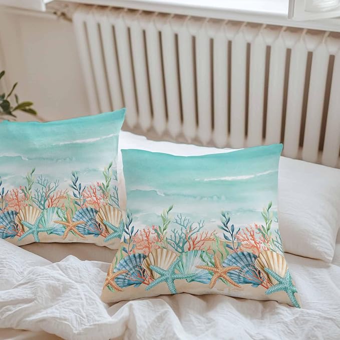 Throw Pillow Covers 16x16 Inch Set of 2, Coastal Beach Waterproof Outdoor Pillow Covers, Ocean Wave Summer Sea Starfish Coral Teal Beige Decorative Cushion Pillowcases for Couch, Sofa, Bed, Patio