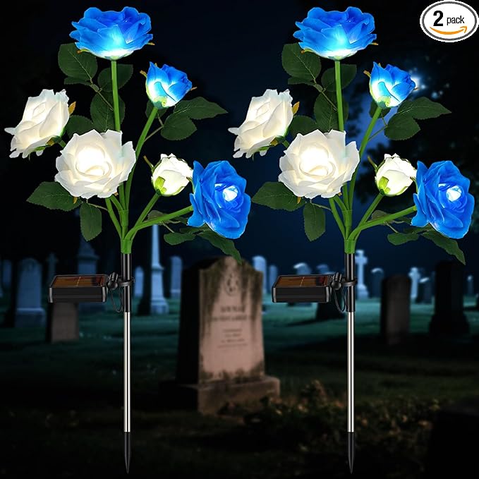 Lewtemi 2 Pack Solar-Powered Artificial Cemetery Flowers, Waterproof Memorial Flower Lights for Outdoor Grave, Garden, Patio, Yard Decoration